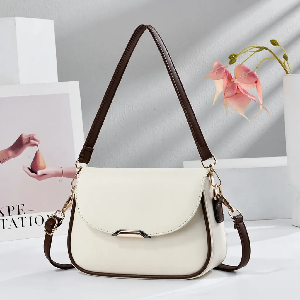 Color Block Square PU Leather Shoulder Bag For Women With Sewing Thread Detail And Single Shoulder Strap