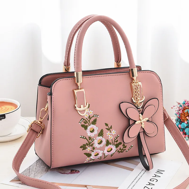 Classic Style Small PU Leather Flowers Tote Bag For Women With Zipper Closure