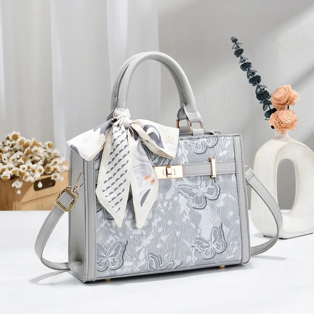 Women PU Leather Square Handbag With Sewing Thread Detail, Printed Design
