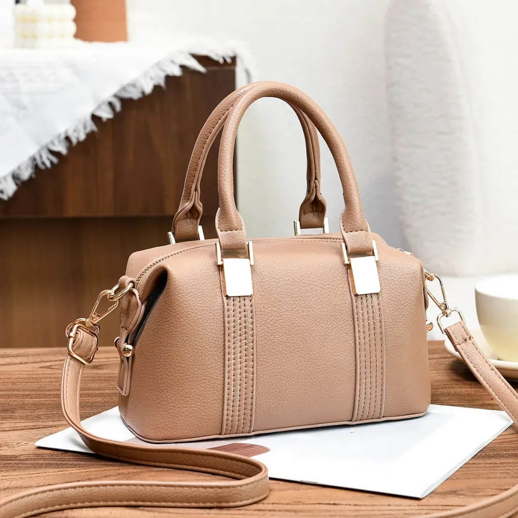 Women’s Square Boston Bag In PU Leather With Sewing Thread Detail, Top Handle