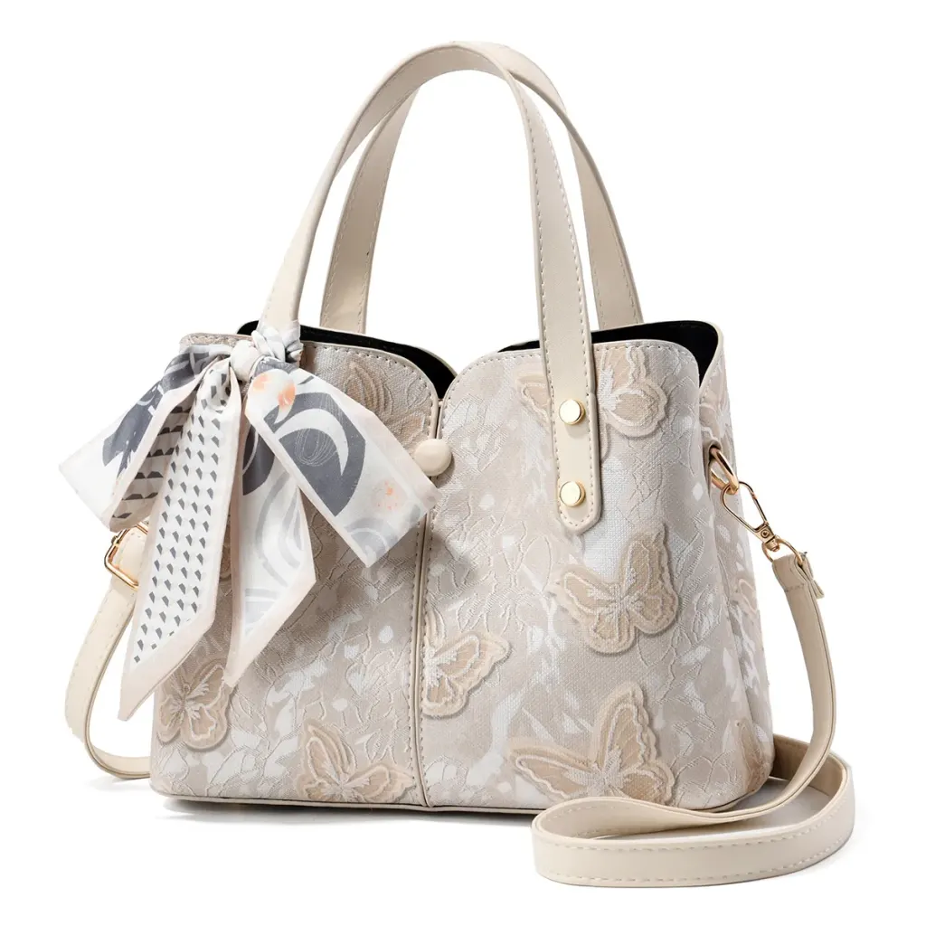 Butterfly Square PU Leather Tote Bag With Sewing Thread Detail, Top Handle Design For Spring And Summer