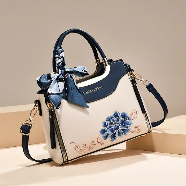 Color Block Square Tote Bag In PU Leather With Embroidery, Featuring Top Handle Design For Women