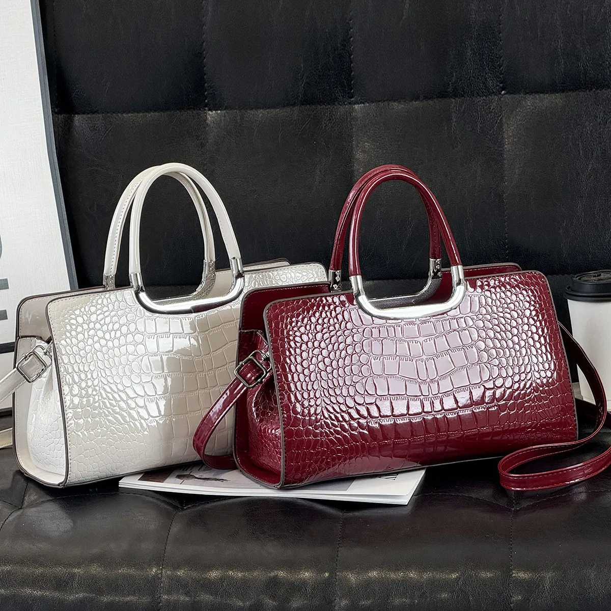 Women’s Crocodile Pattern Square Shoulder Bag In PU Leather With Sewing Thread Detail And Single Shoulder Strap Main image