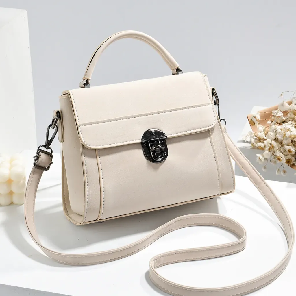 Square PU Leather Handbag With Sewing Thread Detail, Top Handle