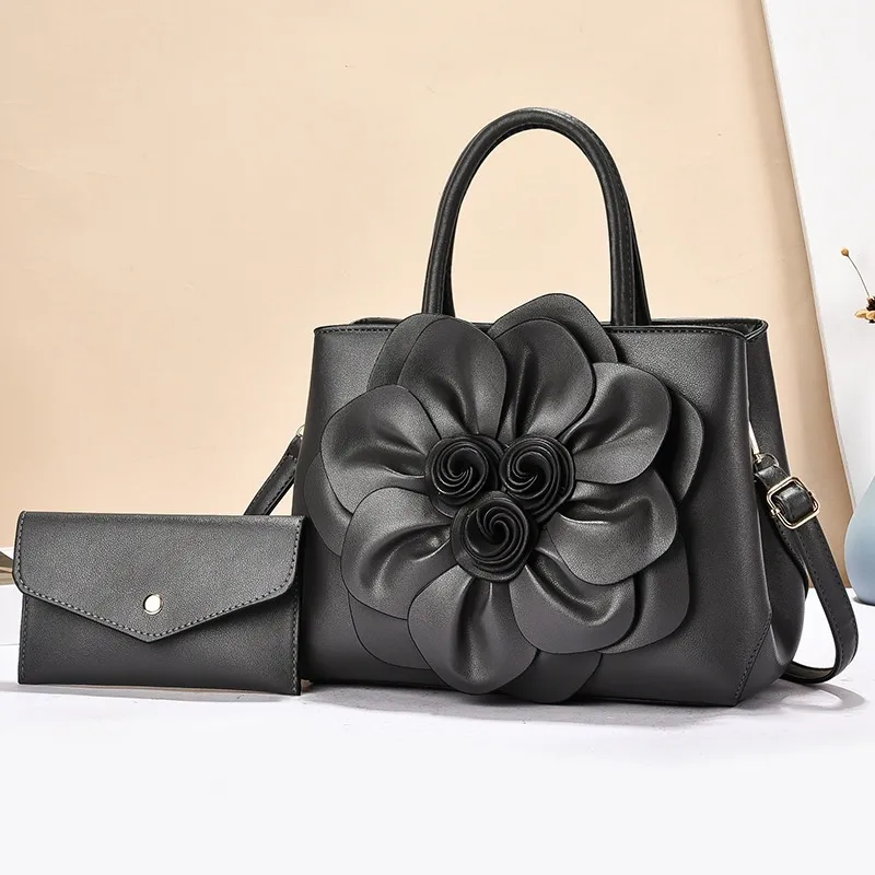 Solid Color Square PU Leather Bag Set For Women Featuring Floral Fashion Element With Single Shoulder Strap