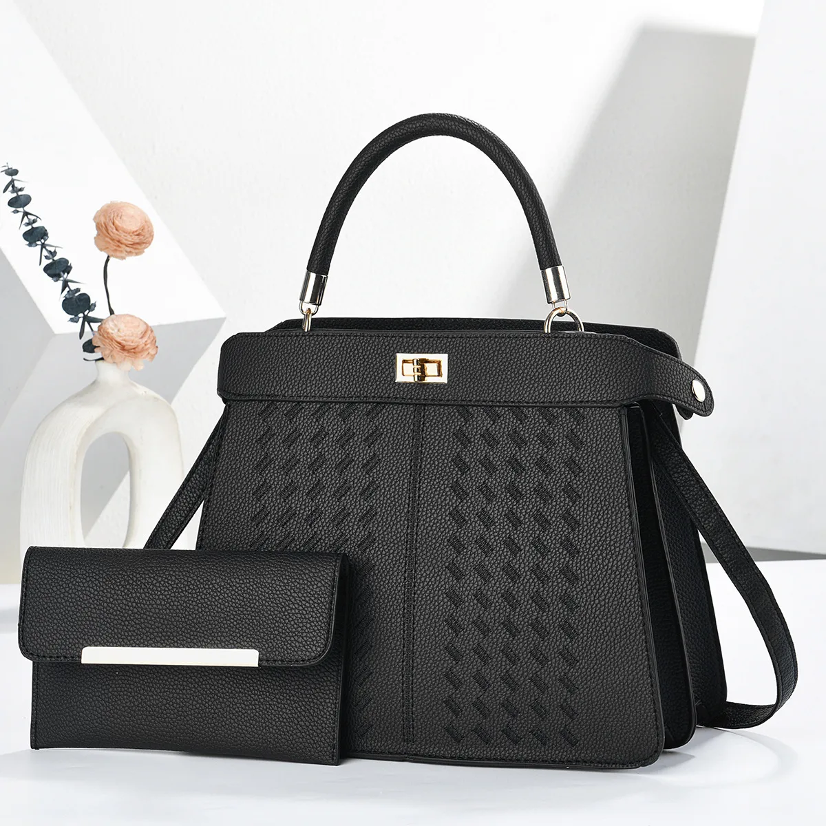 Square PU Leather Handbag For Women With Sewing Thread Detail, Top Handle Style Main image
