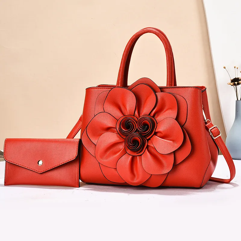 Solid Color Square PU Leather Bag Set For Women Featuring Floral Fashion Element With Single Shoulder Strap