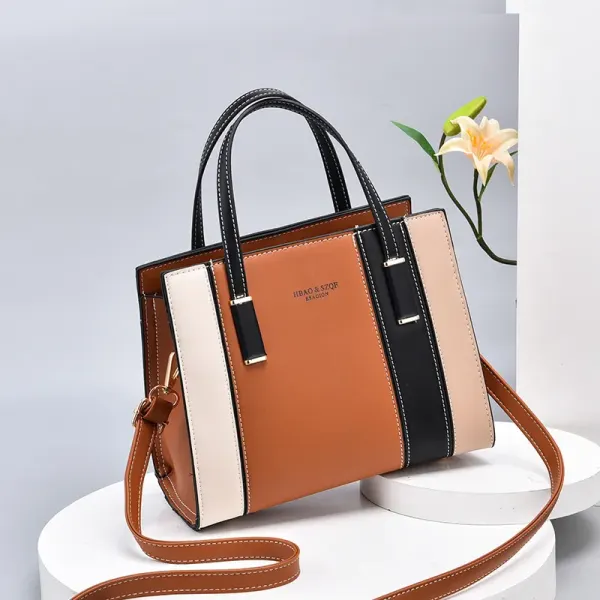 Elegant Large PU Leather Color Block Handbag For Women With Drawstring Buckle Closure