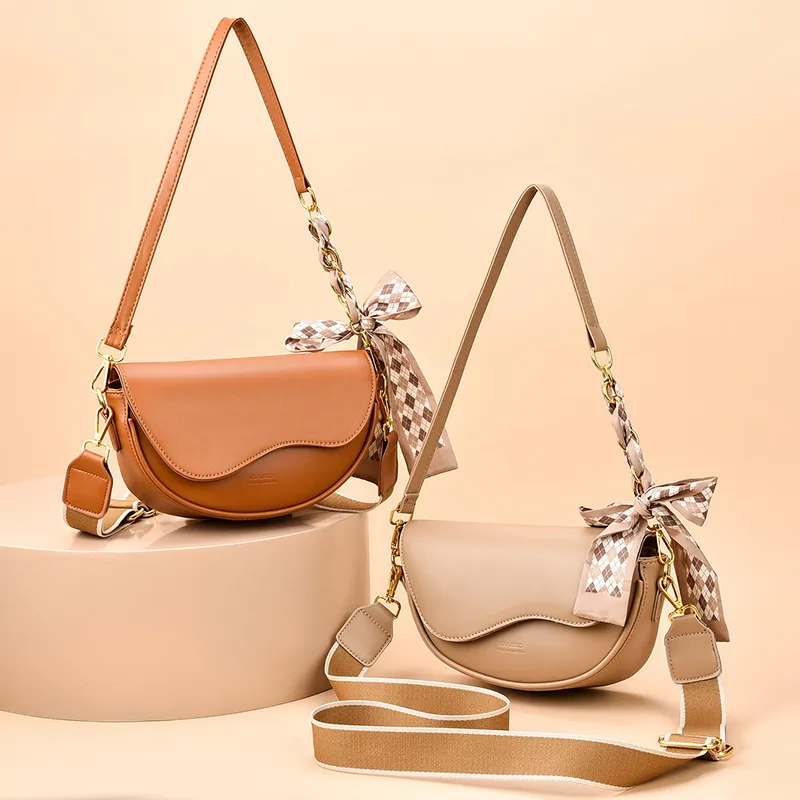 Elegant Small Solid Color PU Leather Women’s Shoulder Bag With Ribbon And Zipper Closure Main image