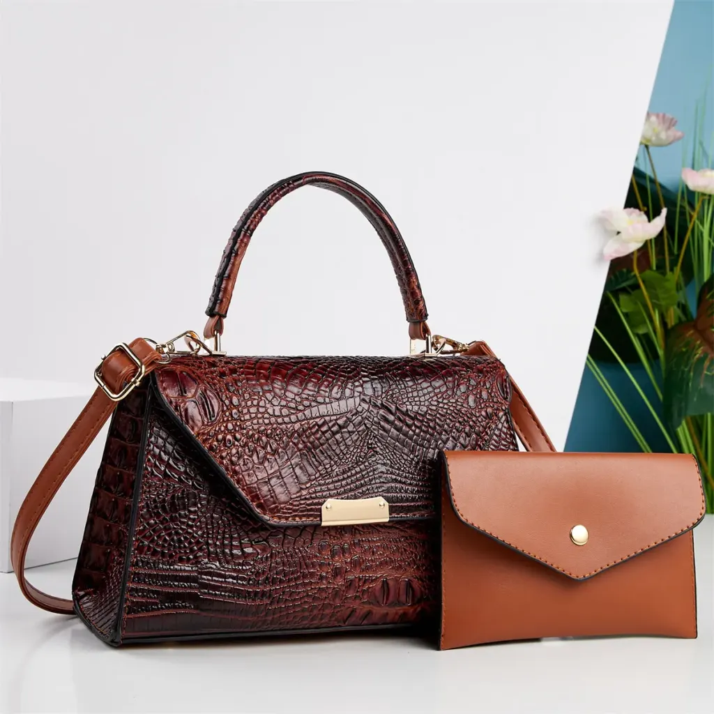 Women’s Crocodile Pattern Square PU Leather Bag Set With Sewing Thread Detail, Featuring Single Shoulder Strap