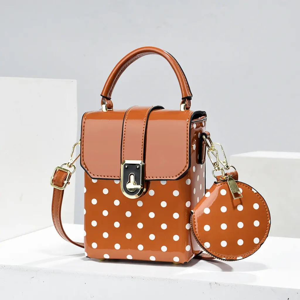 Polka Dots Square PU Leather Bag Set Featuring Sewing Thread With Top Handle