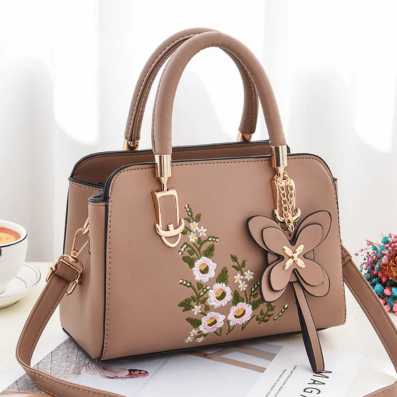 Classic Style Small PU Leather Flowers Tote Bag For Women With Zipper Closure