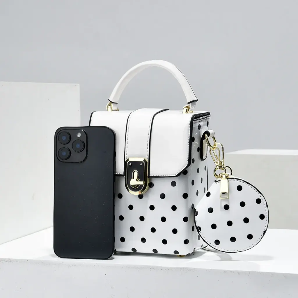 Polka Dots Square PU Leather Bag Set Featuring Sewing Thread With Top Handle