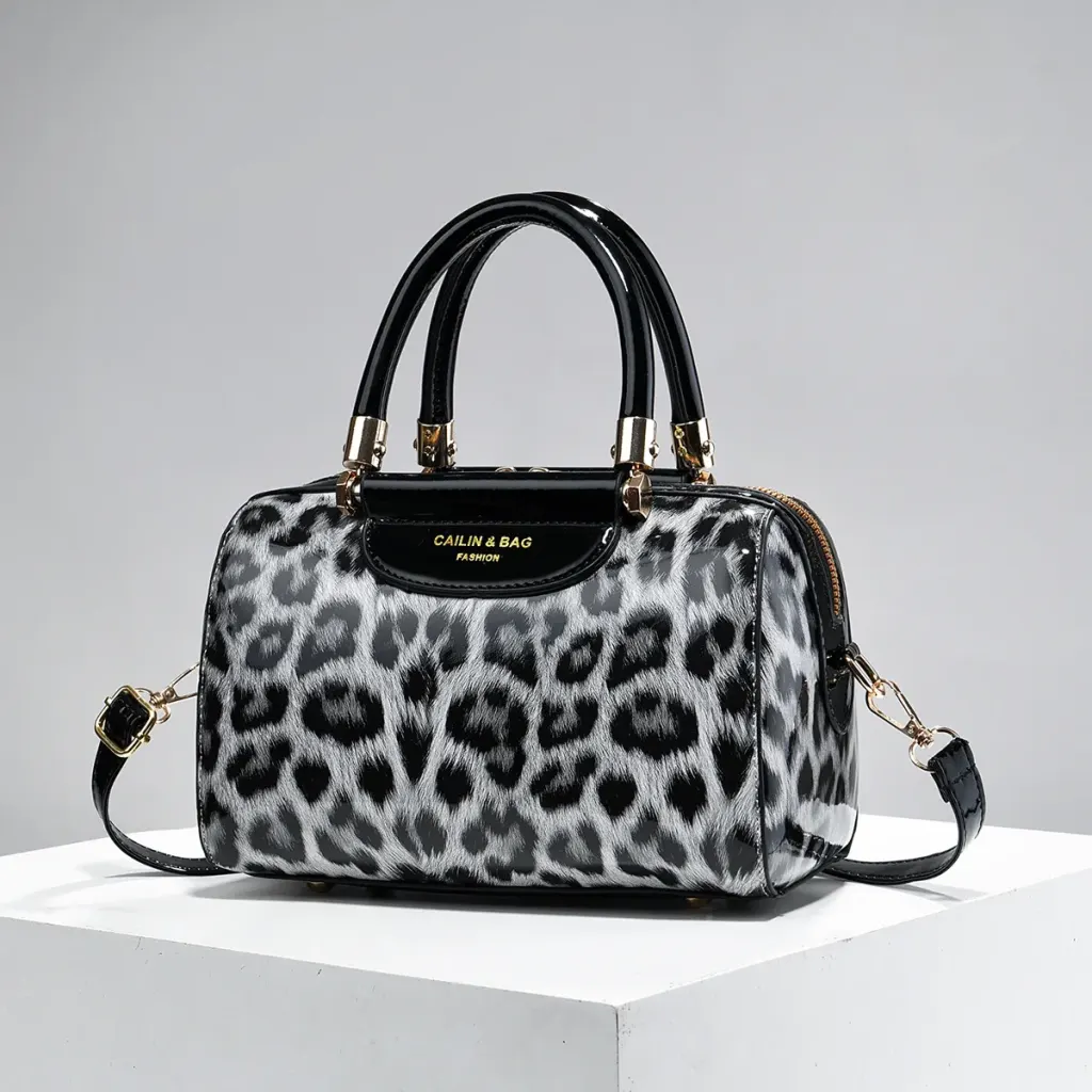 Leopard Print Pillow Shape Bag For Women In PU Leather With Sewing Thread Detail, Featuring Top Handle Design