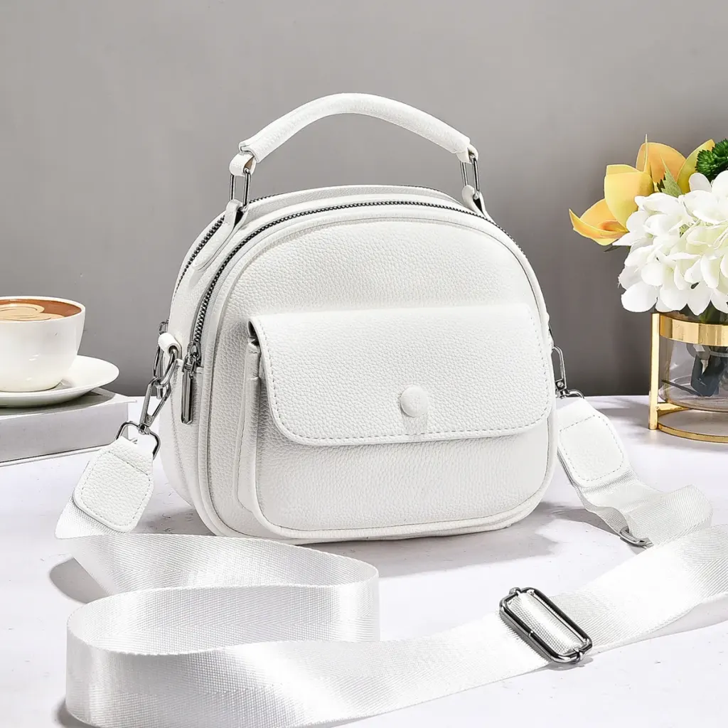 Round PU Leather Handbag For Women Featuring Sewing Thread Design With Top Handle