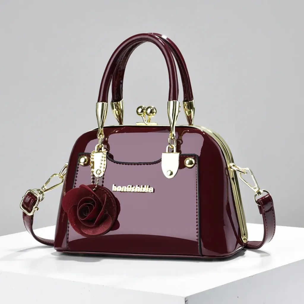 Women’s Dome Bag In Patent Leather With Shell Shape And Sewing Thread Detail, Top Handle, For 2026 Spring And Summer