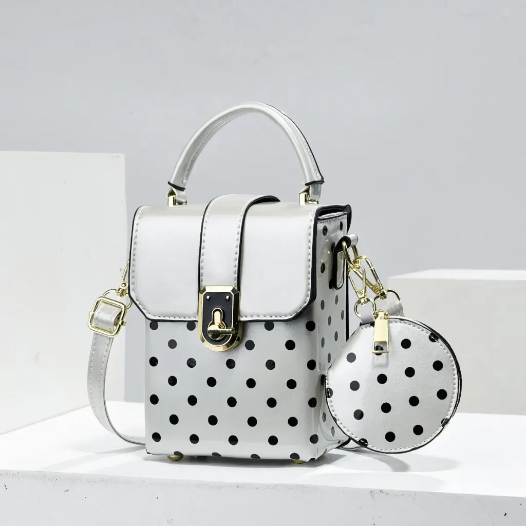 Polka Dots Square PU Leather Bag Set Featuring Sewing Thread With Top Handle