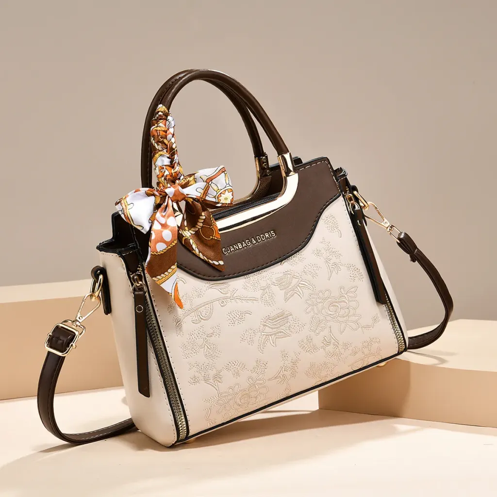 Color Block Square Tote Bag In PU Leather With Embroidery, Featuring Top Handle Design For Women