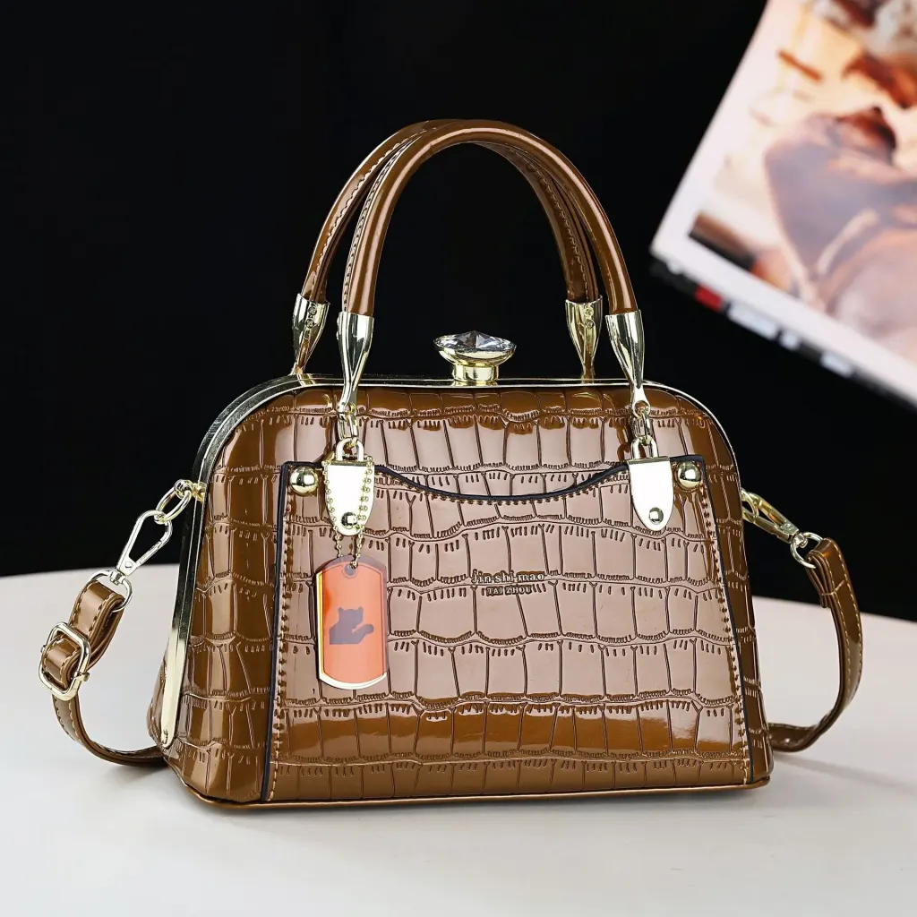 Crocodile Pattern PU Leather Dome Bag With Shell Shape And Sewing Thread Detail, Featuring Large Capacity And Top Handle