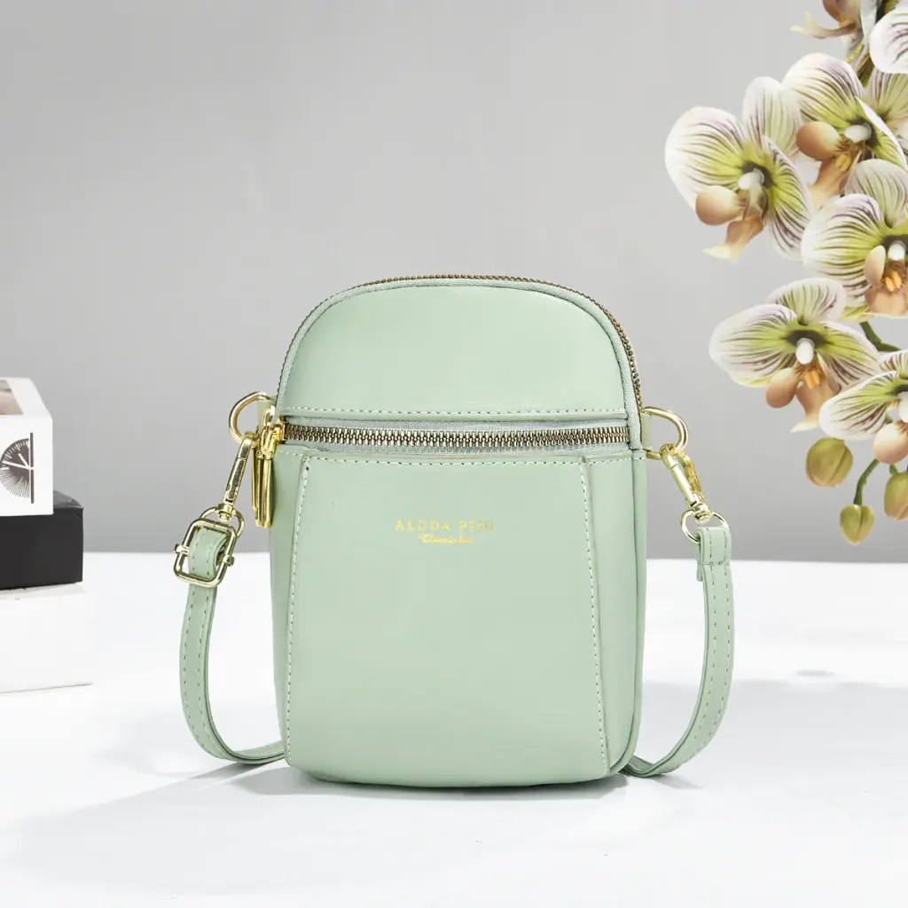 Solid Color Square PU Leather Phone Wallet For Women With Sewing Thread Detail And Single Shoulder Strap