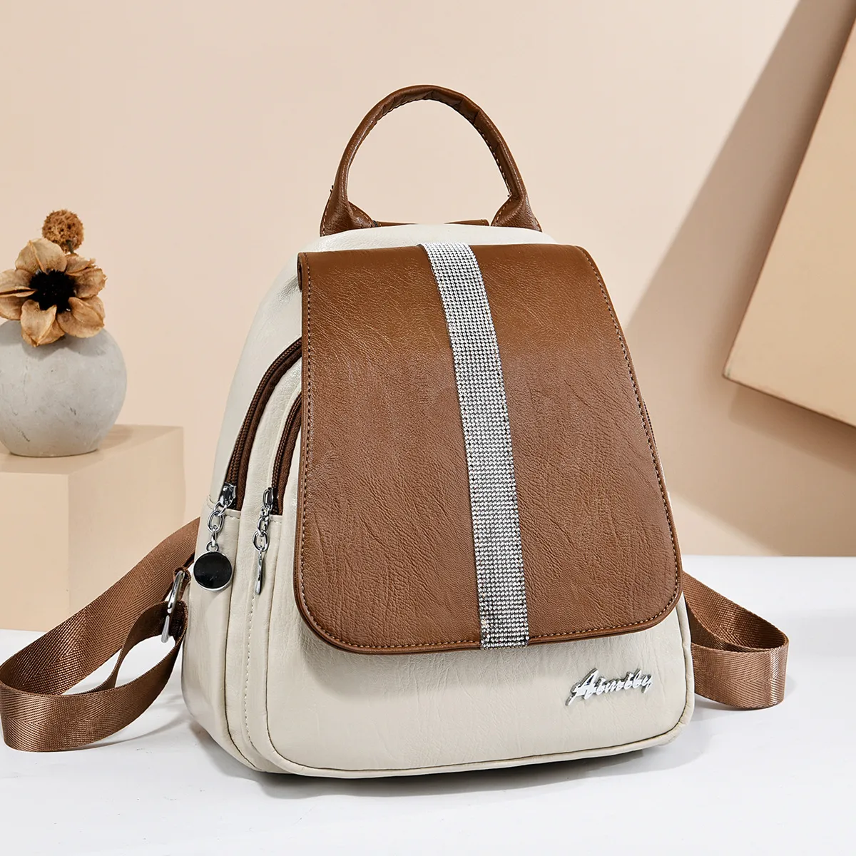 Women's Anti-theft Backpack In PU Material With Stylish Sewing Thread Design For Summer Main image