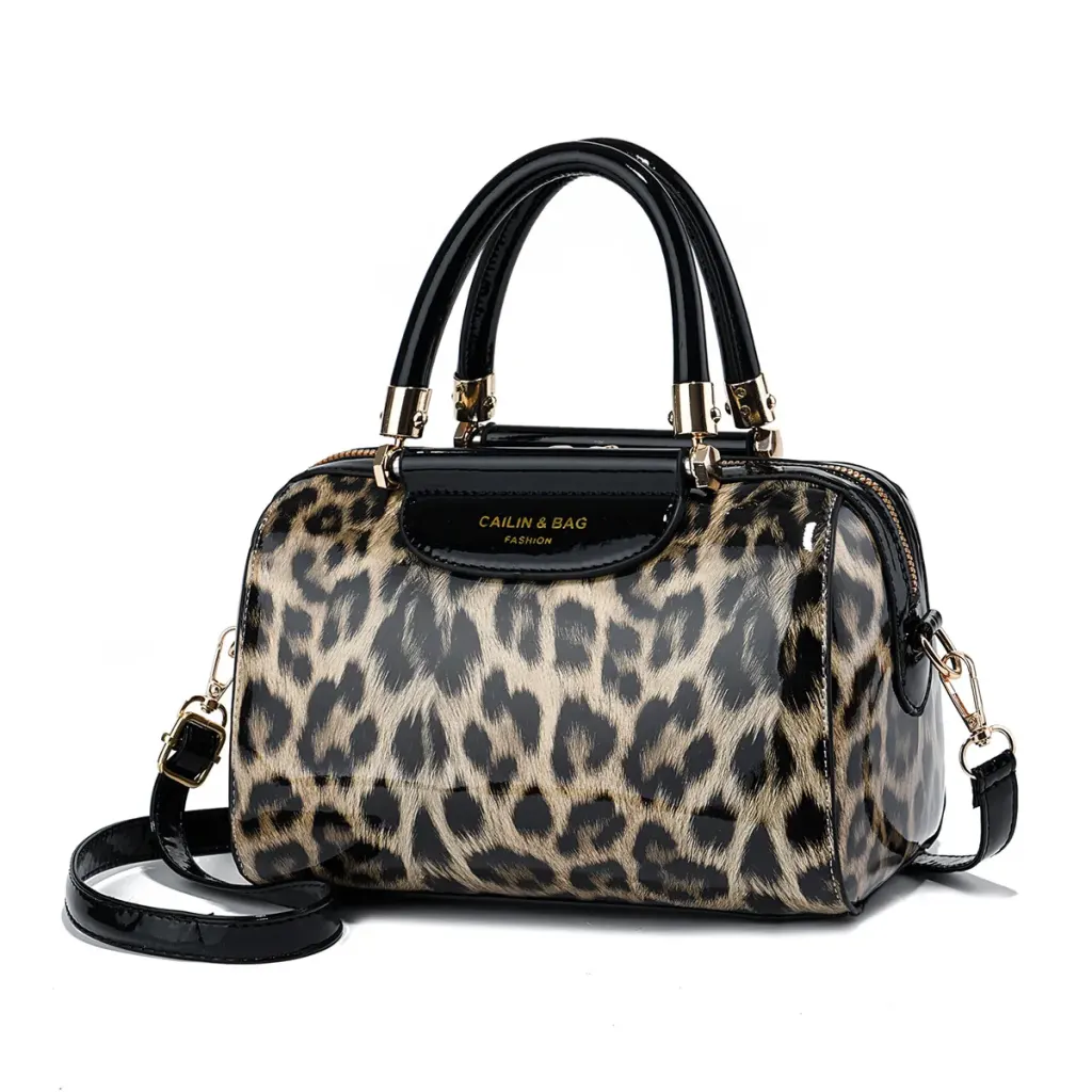 Leopard Print Pillow Shape Bag For Women In PU Leather With Sewing Thread Detail, Featuring Top Handle Design