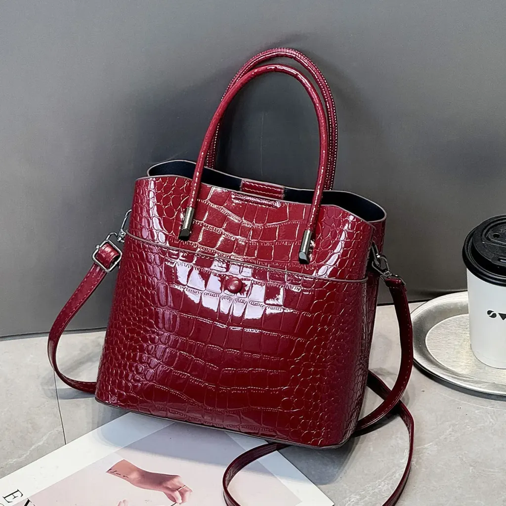 Women’s Crocodile Pattern Square PU Leather Tote Bag With Top Handle, Large Capacity Bucket Bag
