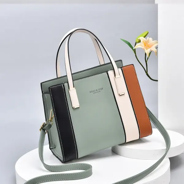 Elegant Large PU Leather Color Block Handbag For Women With Drawstring Buckle Closure