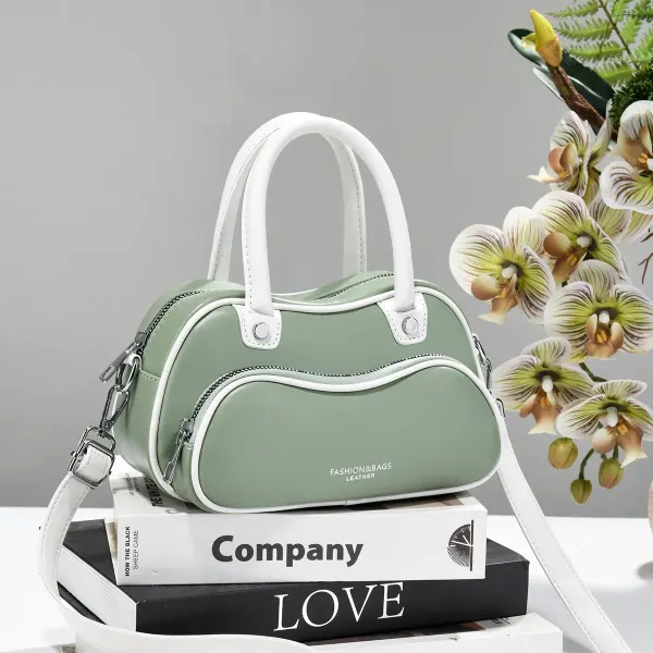 Women’s Color Block Boston Bag In PU Leather With Sewing Thread Detail, Pillow Shape Top Handle For Spring And Summer