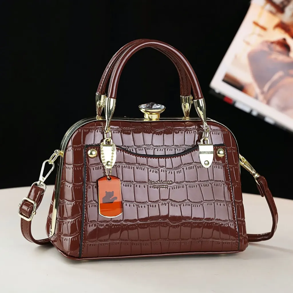 Crocodile Pattern PU Leather Dome Bag With Shell Shape And Sewing Thread Detail, Featuring Large Capacity And Top Handle