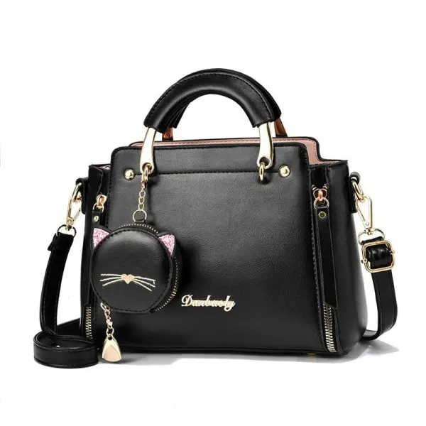 Women’s PU Leather Cat Handbag With Square Shape And Sewing Thread Detail, Featuring Top Handle Design