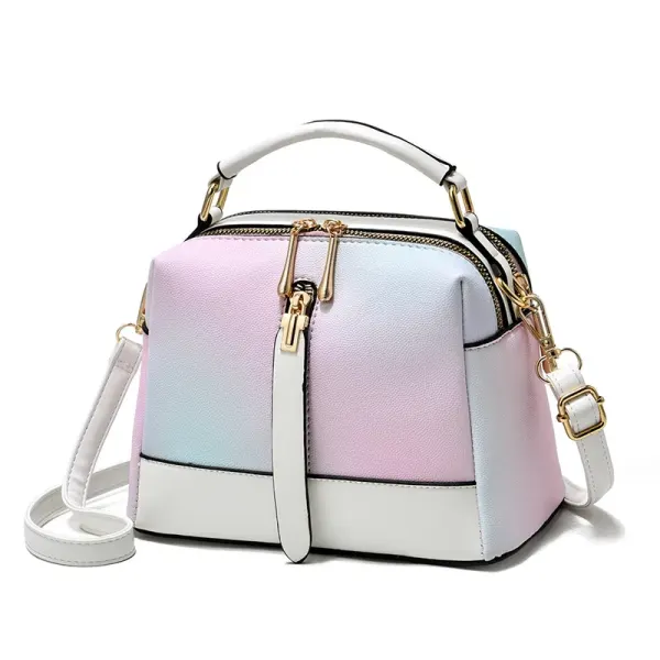 Pastel gradient handbag with white trim, a top handle, and a long strap