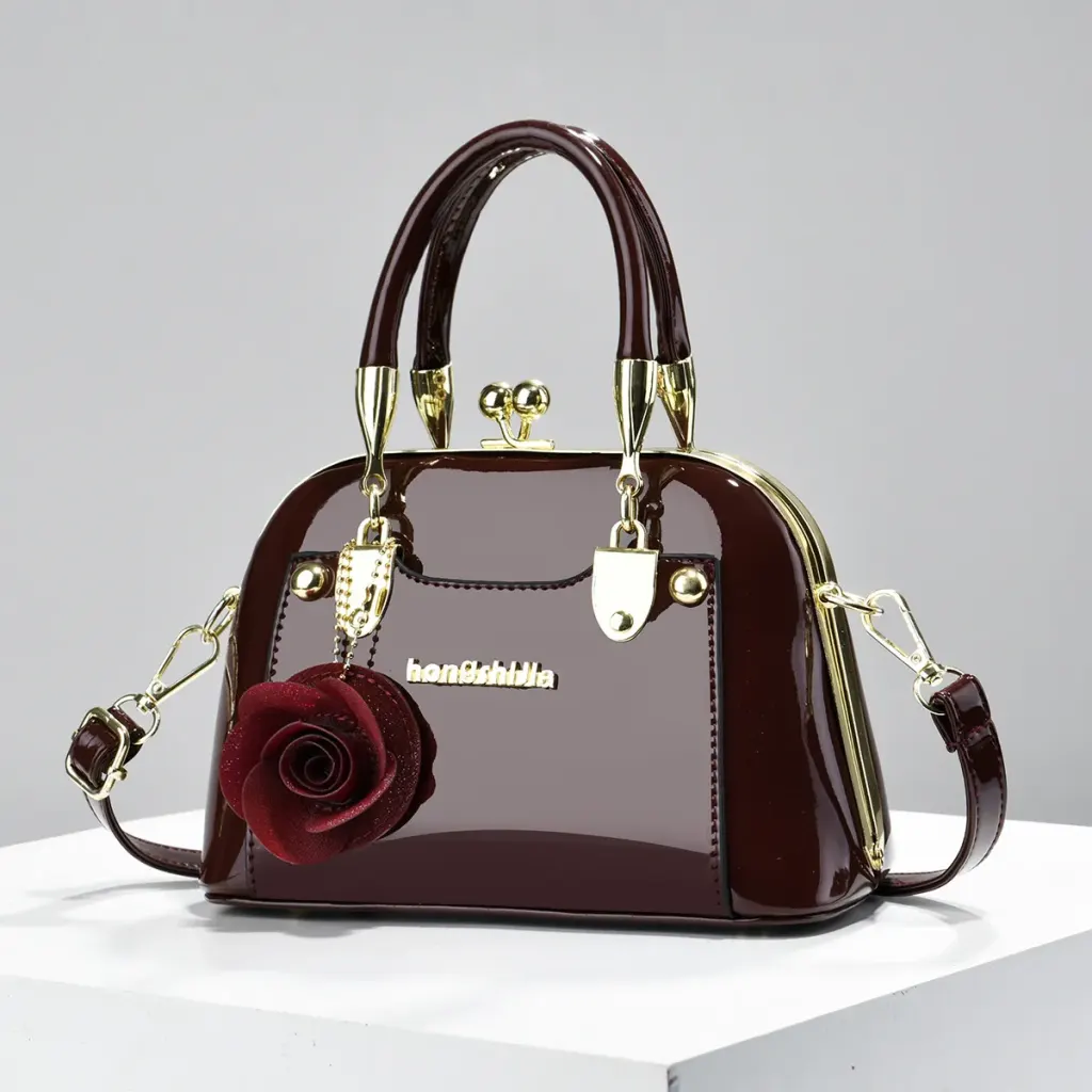 Women’s Dome Bag In Patent Leather With Shell Shape And Sewing Thread Detail, Top Handle, For 2026 Spring And Summer