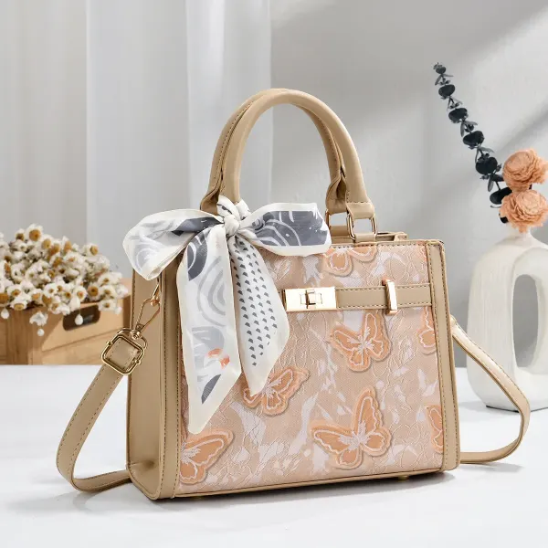 Women PU Leather Square Handbag With Sewing Thread Detail, Printed Design
