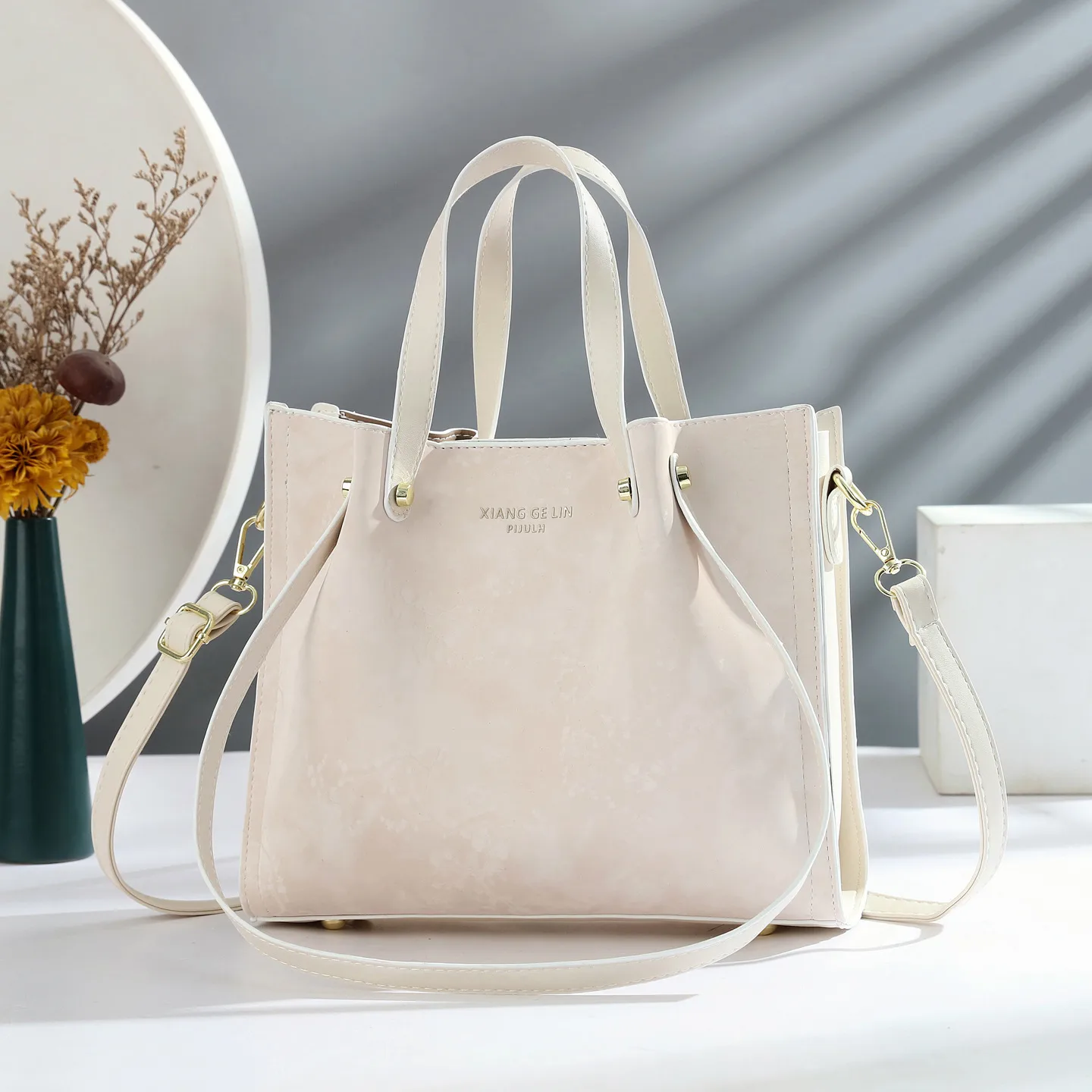 Square PU Leather Handbag With Sewing Thread Detail, Large Capacity, Single Shoulder Strap Main image