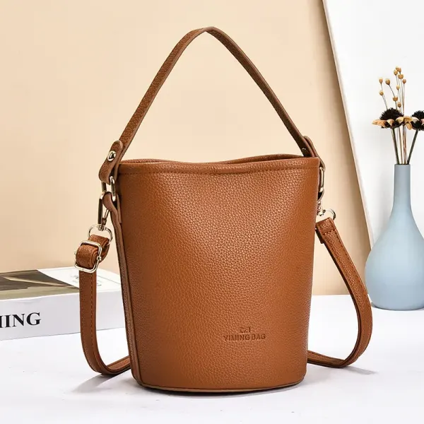 Women's PU Leather Bucket Bag Featuring Sewing Thread Details In Solid Color