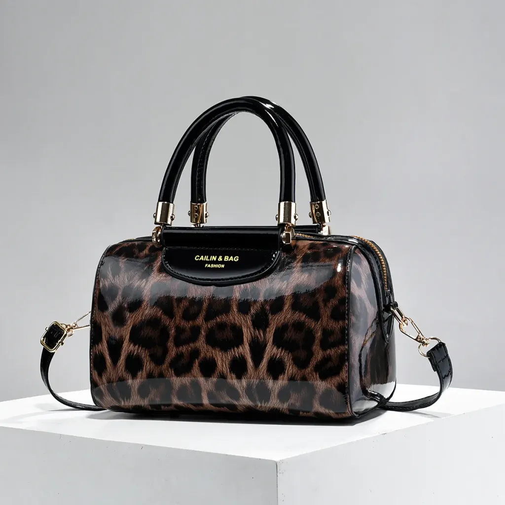 Leopard Print Pillow Shape Bag For Women In PU Leather With Sewing Thread Detail, Featuring Top Handle Design