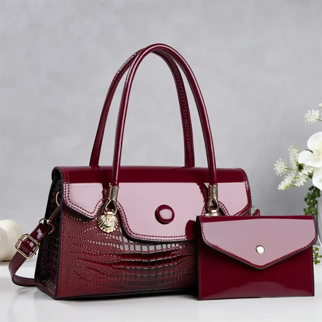 Women’s Crocodile Pattern Square Shoulder Bag In PU Leather With Sewing Thread Detail And Single Shoulder Strap