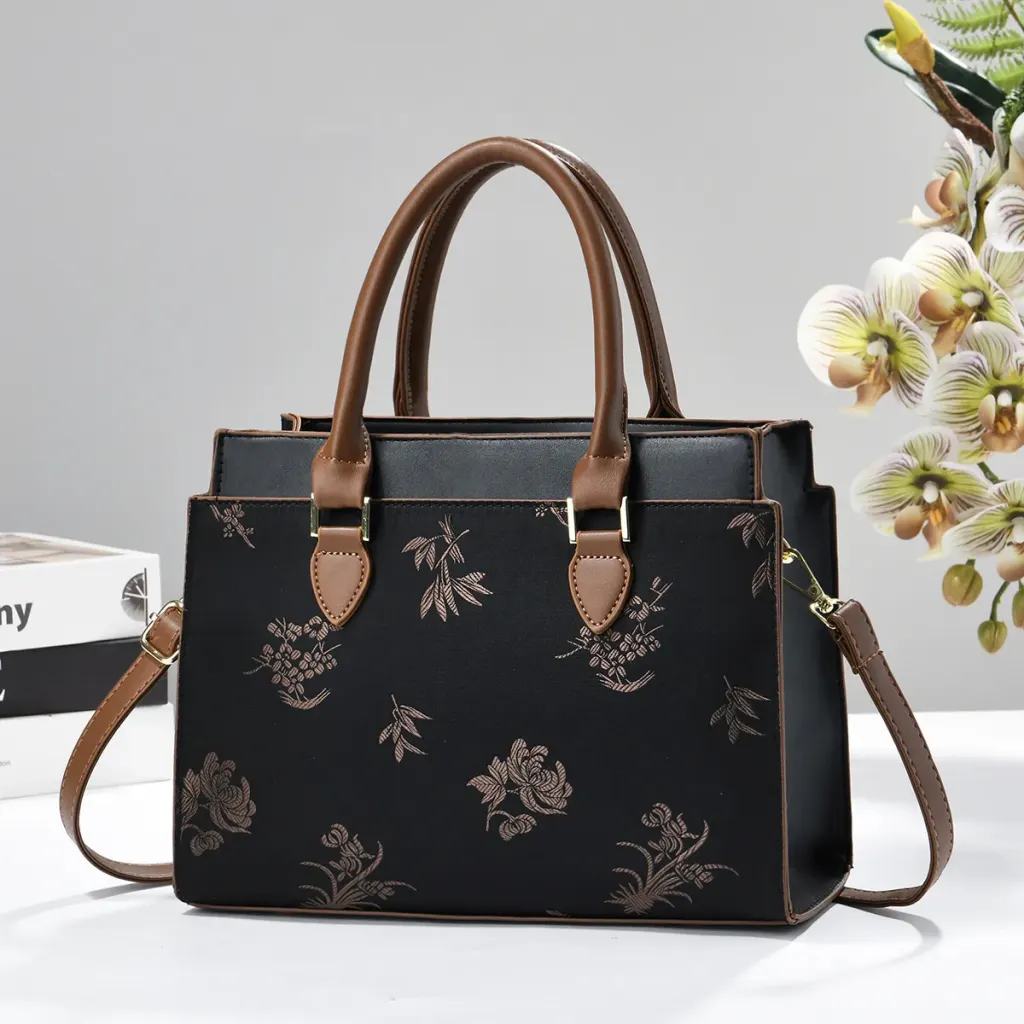 Square PU Leather Handbag For Women With Embroidered Floral Design And Top Handle Style