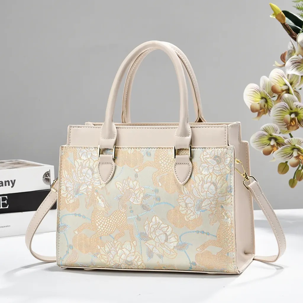 Square PU Leather Handbag For Women With Embroidered Floral Design And Top Handle Style