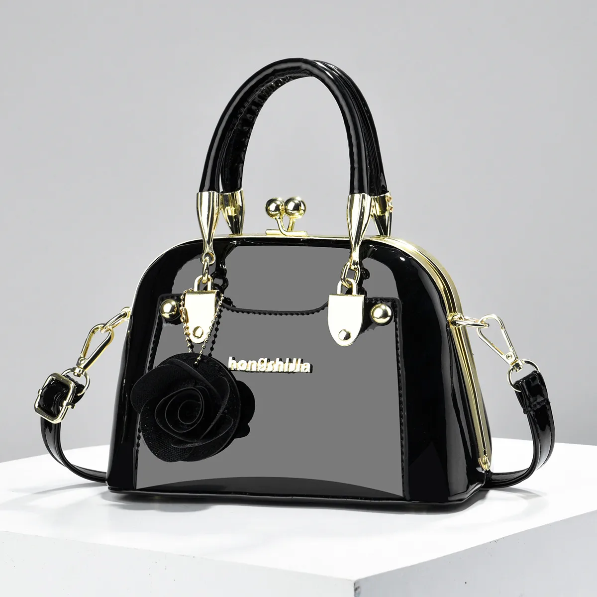Women’s Dome Bag In Patent Leather With Shell Shape And Sewing Thread Detail, Top Handle, For 2026 Spring And Summer Main image
