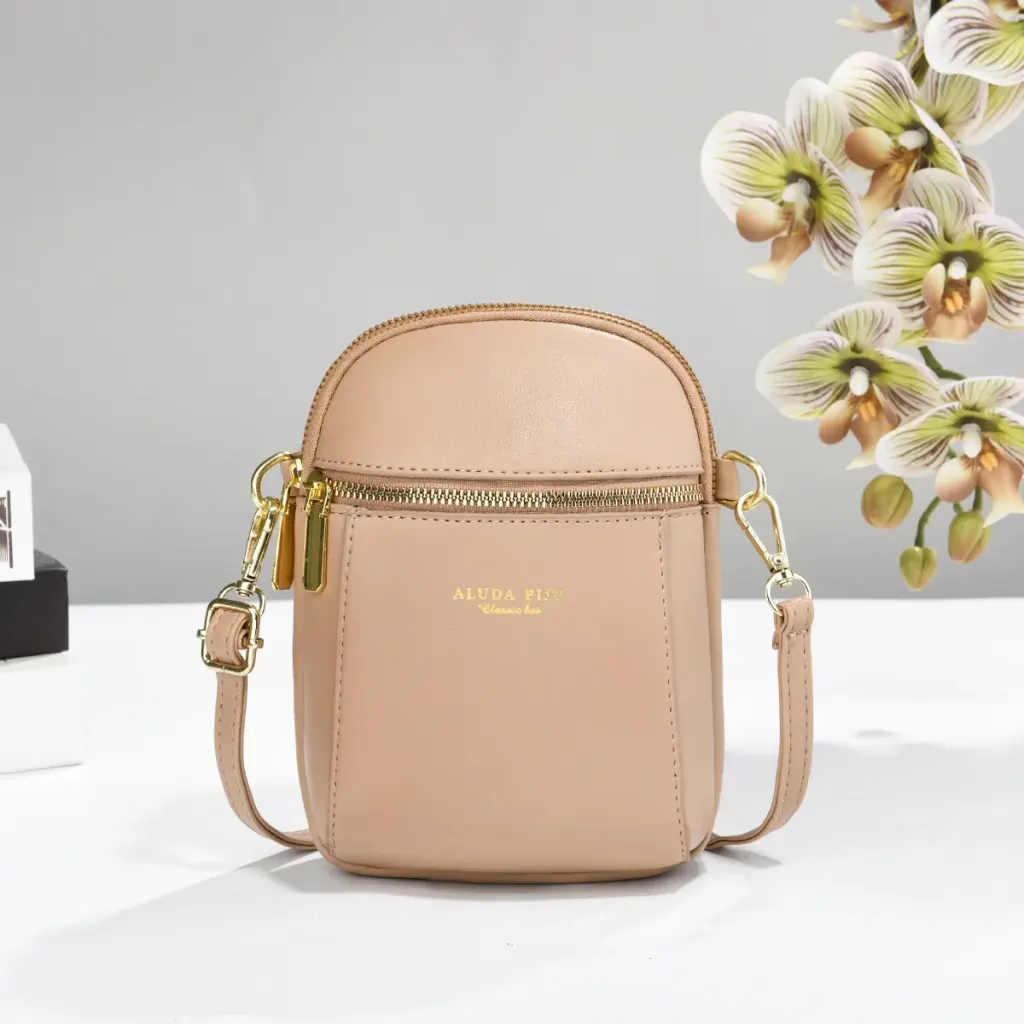Solid Color Square PU Leather Phone Wallet For Women With Sewing Thread Detail And Single Shoulder Strap