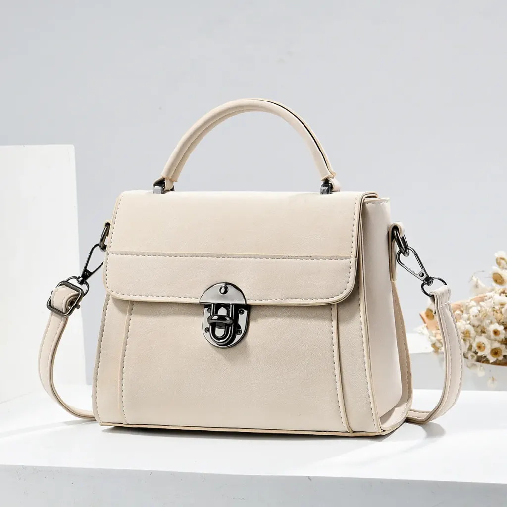 Square PU Leather Handbag With Sewing Thread Detail, Top Handle