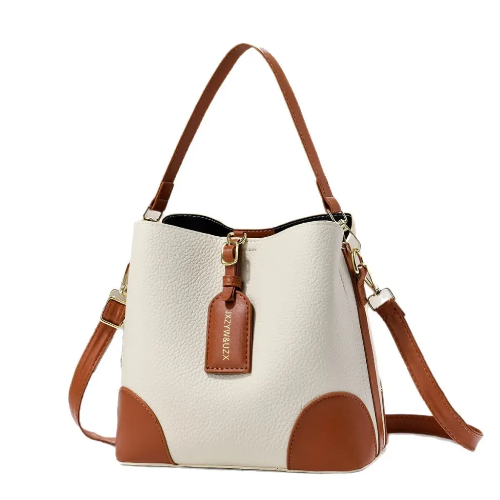 Color Block PU Leather Bucket Bag With Sewing Thread Detail, Featuring Top Handle
