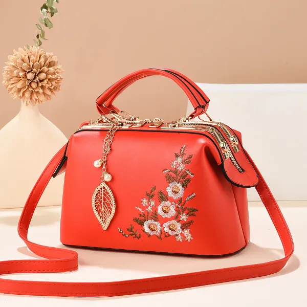 Medium Square PU Leather Bag With Embroidery And Zipper Closure, Stylish Vintage European And American Design