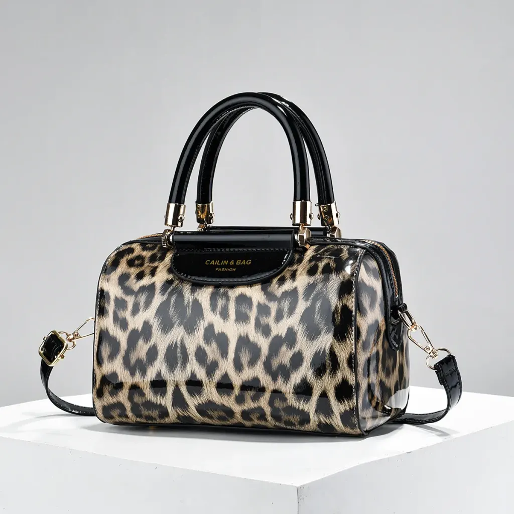 Leopard Print Pillow Shape Bag For Women In PU Leather With Sewing Thread Detail, Featuring Top Handle Design
