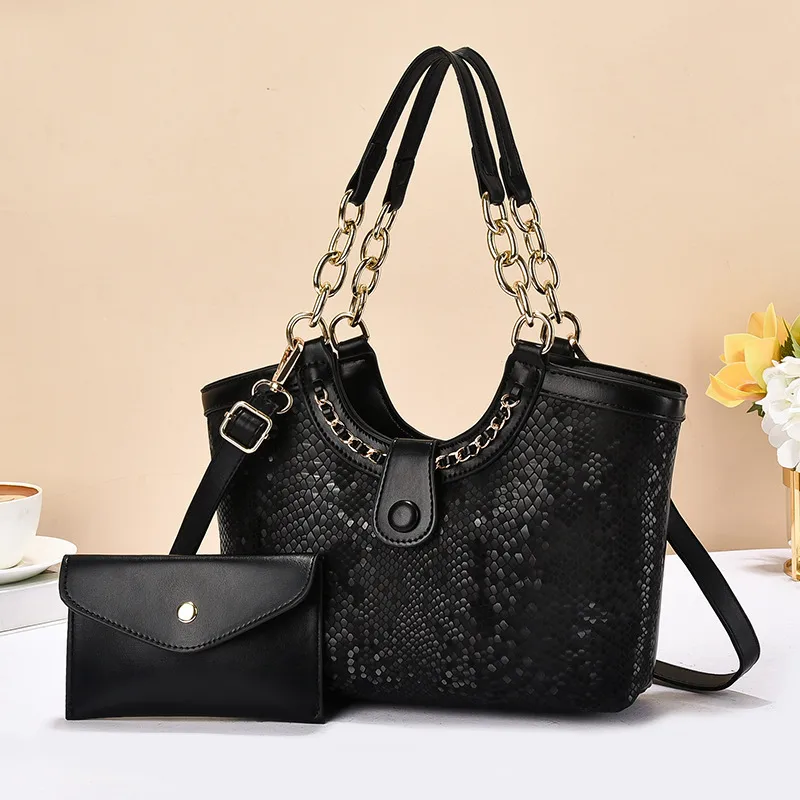 Women’s Crocodile Pattern Square PU Leather Bag Set With Sewing Thread Detail And Single Shoulder Strap Main image