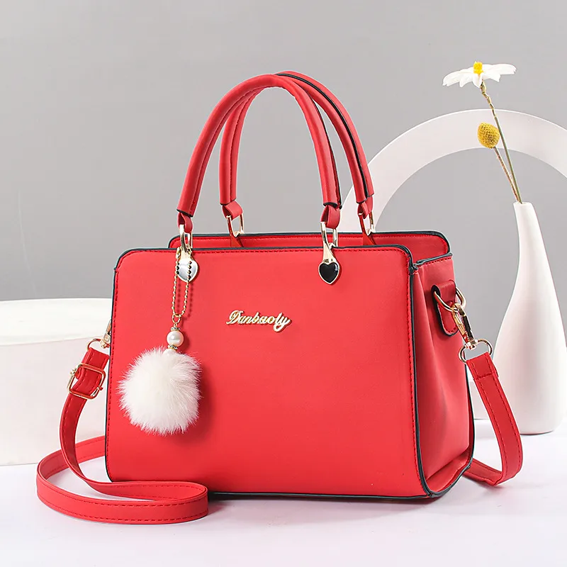 Fashion Large Solid Color Women Top Handle Bag In PU Leather With Fluff Ball And Zipper Closure