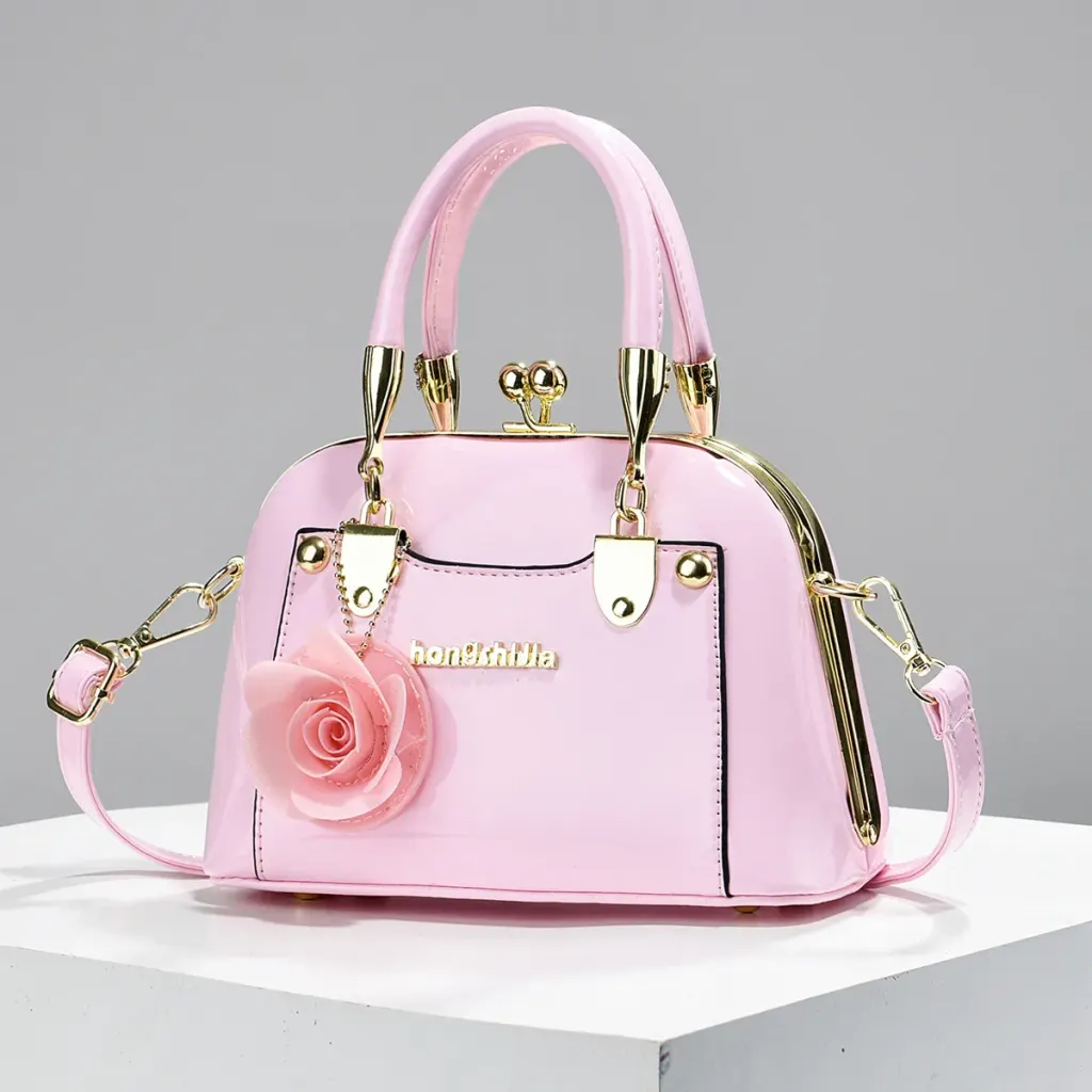 Women’s Dome Bag In Patent Leather With Shell Shape And Sewing Thread Detail, Top Handle, For 2026 Spring And Summer