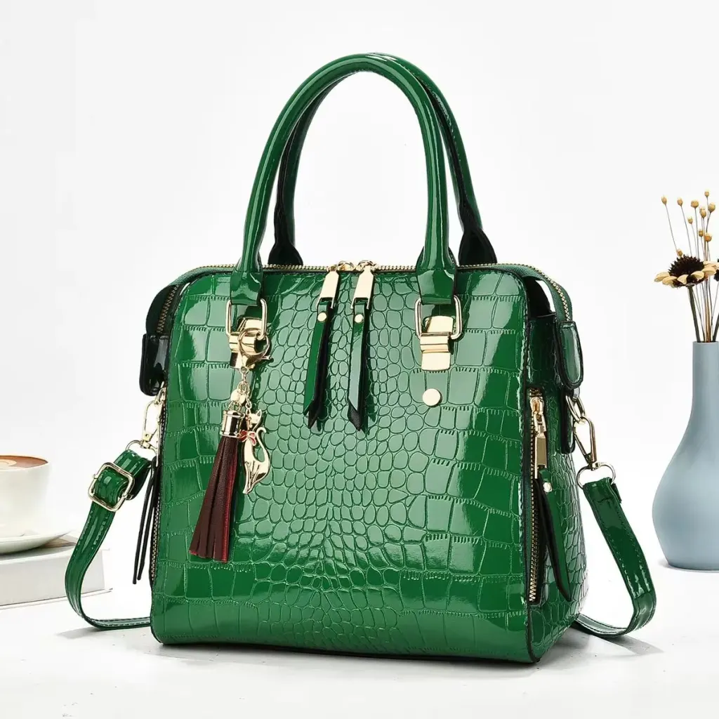 Crocodile Pattern Square Shoulder Bag For Women In Patent Leather With Sewing Thread Detail And Single Shoulder Strap